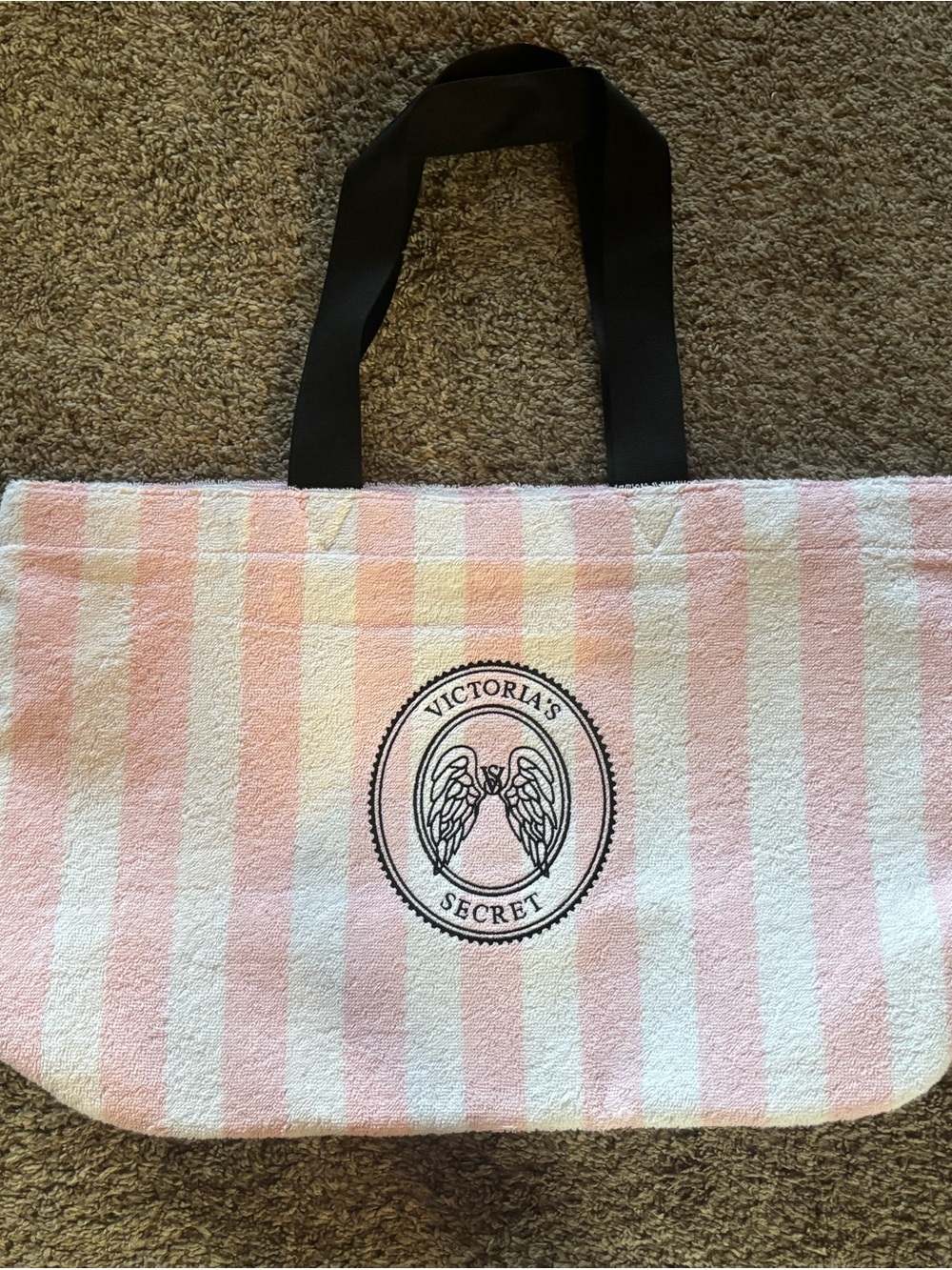 Victoria's Secret Pink and White Striped Tote with Black Logo